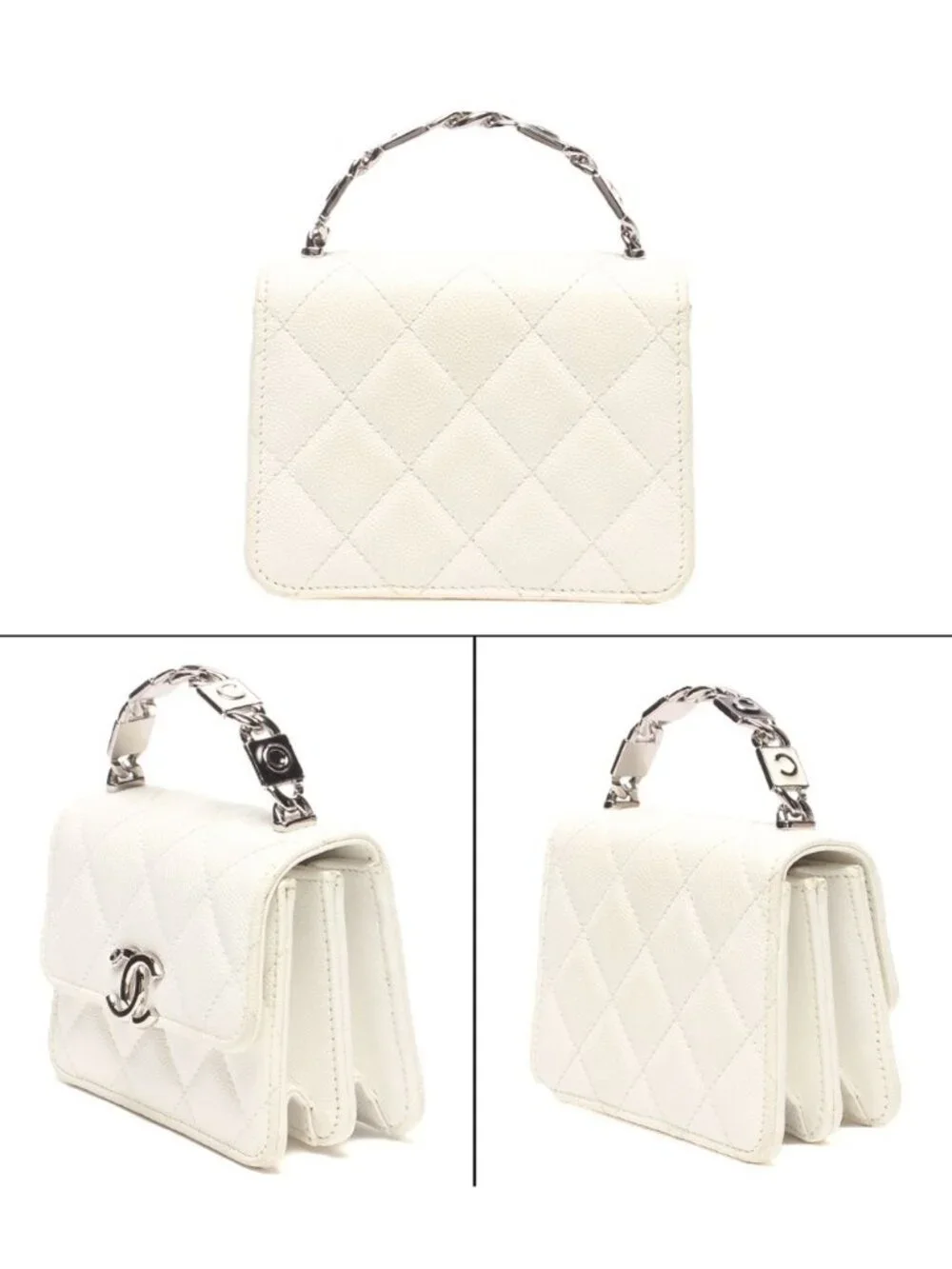 Chanel Mini Chain Shoulder Bag Clutch Crossbody Silver Quilted Caviar Leather